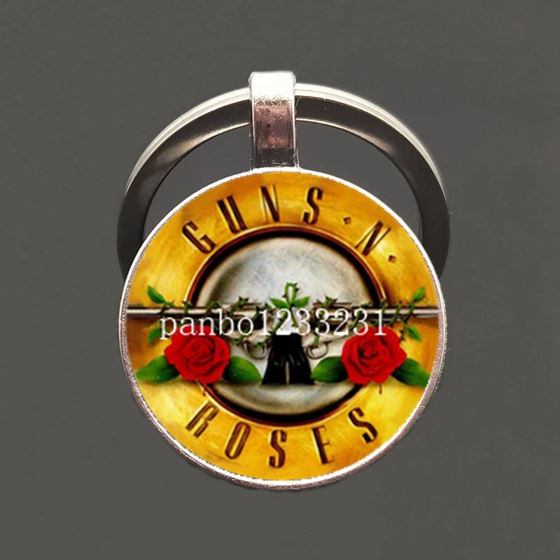 2021 Trendy Guns n Roses Keychains Art Picture Glass Dome Logo Keyring Steampunk Music Band Key Chain