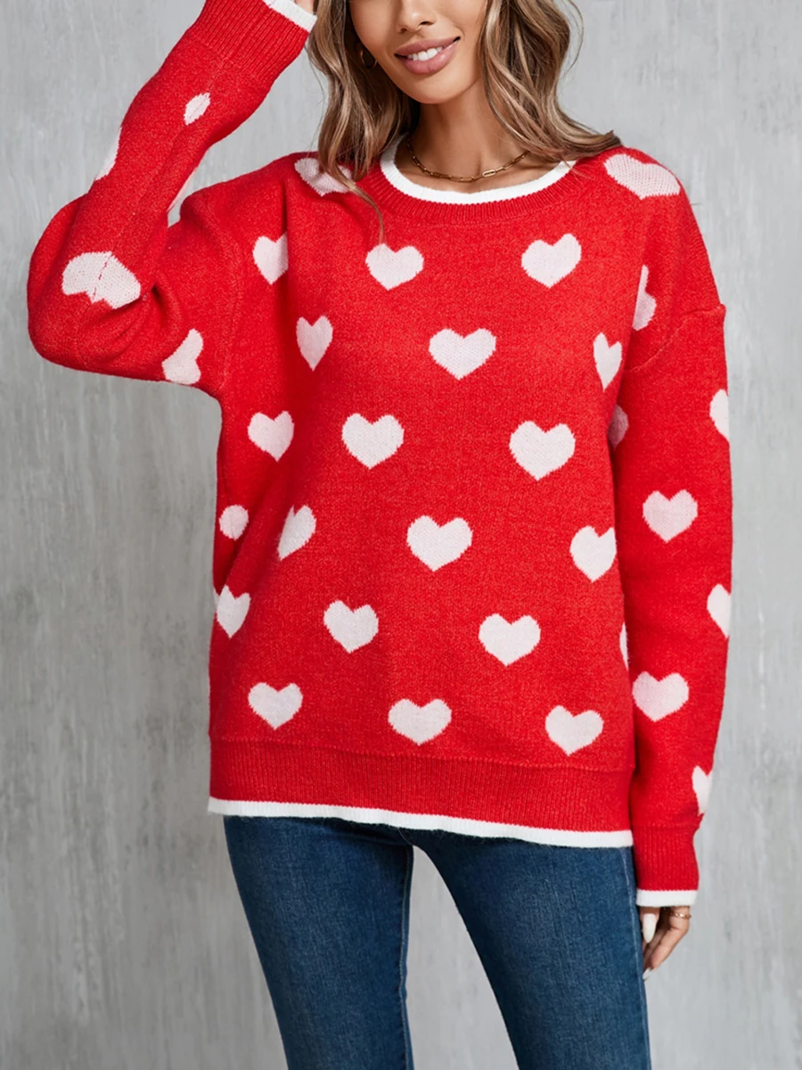 Women Valentine's Day Knit Sweater Heart Pattern Long Sleeve Round Neck Pullovers Tops Fall Winter Casual Jumpers Knitwear Y2K