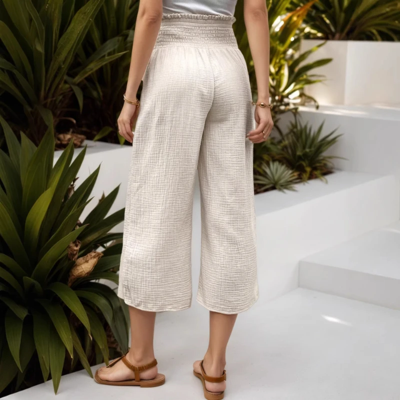 2026 Spring/Summer New Product Collection High Waist Cotton and Hemp Elastic Waist Head Loose Casual Wide Leg Pants for Women