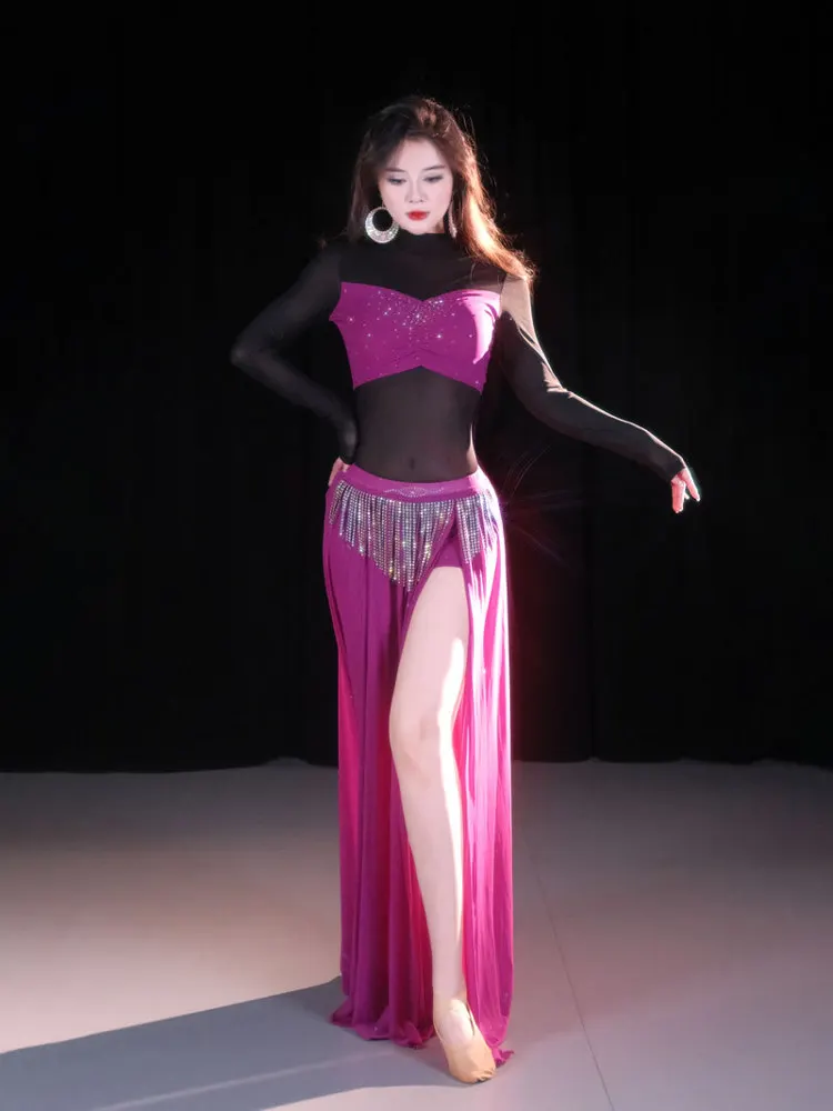 春の新作オリエンタルダンスベリーダンスセクシーメッシュフリンジパフォーマンスコスチュームセットオリジナルデザイン