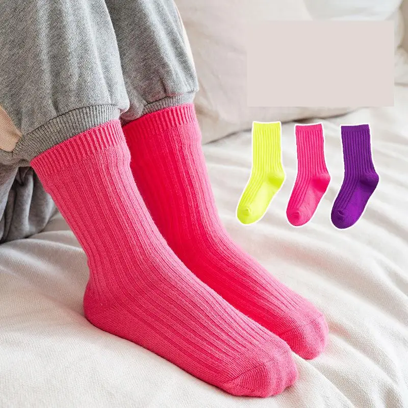 3Pairs Spring Summer Socks For Boys Solid Fluorescent Mid-Calf Neo Colors Socks On Girls Soft Cotton Students Socks Candy Colors