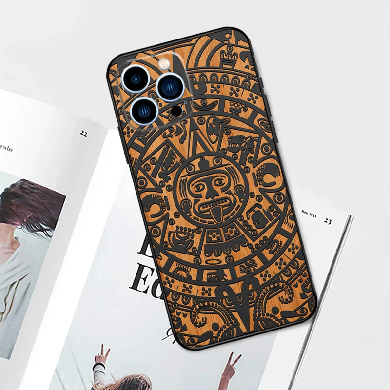 Mayan Calendar Wood Pattern Phone Case For iPhone 11 12 13 14 15 16 Pro Max Plus 12 13 Mini 7 8 X XR XS MAX Cover Shell