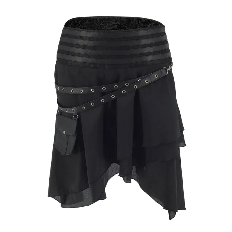 

Goth Steampunk Vintage Irregular Skirts Women Renaissance Skirts High Waist Flared Skirt Leather Belt Punk Womens Costumes