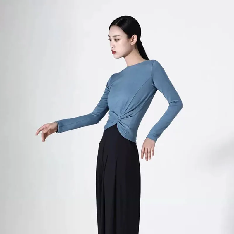 Women Modern Dance Top Long Sleeve Training Dance top Lyrical Dance Practice Dancewear Round neck side twisted yoga Wear