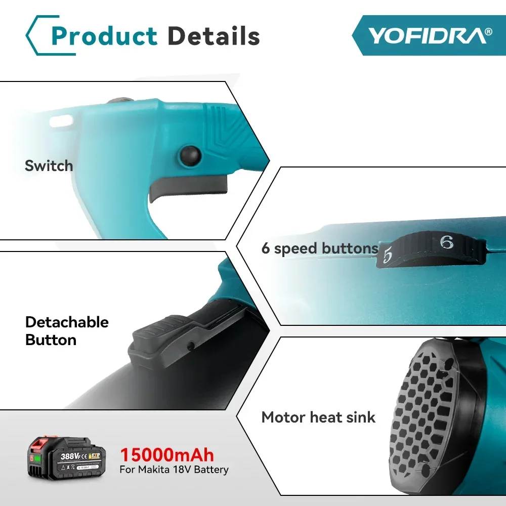 YOFIDRA 2000W Electric Air Blower 6-Speeds Regulation for Makita 18V Battery Leaf Blower Clean Fallen Leaves Dust Snow Tool