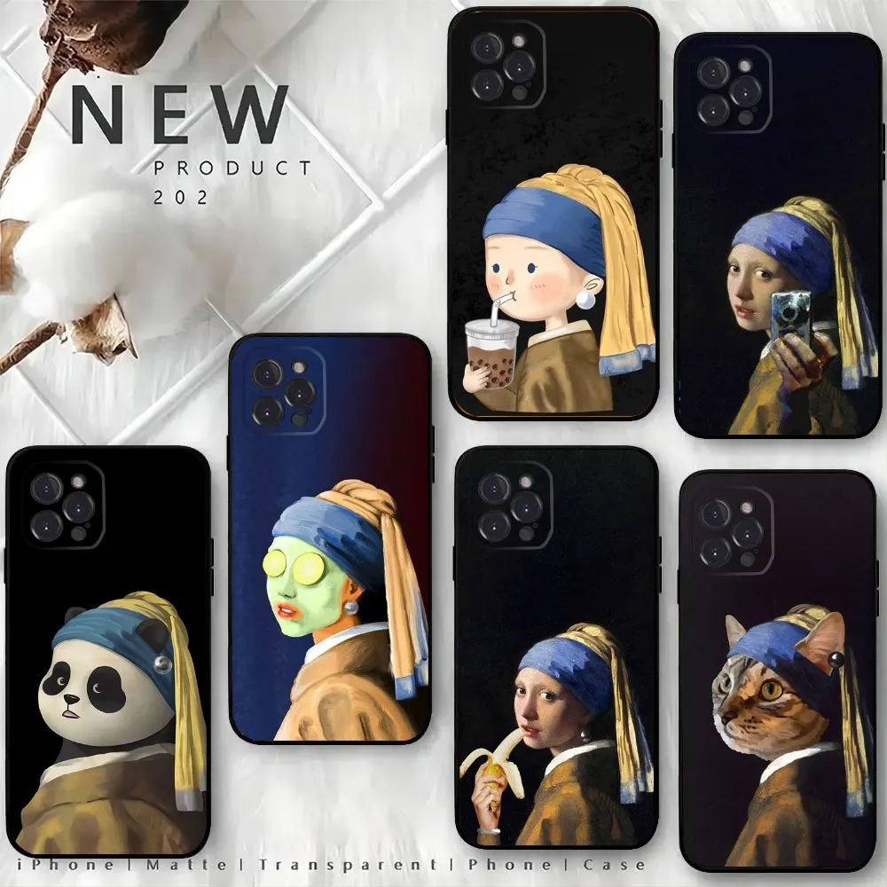 Girl With A Pearl Earring Funny Phone Case For iPhone15,14,13,12 Mini 11 Pro XR,X,XS,MAX 6S,7,8 Plus Silicone Cover Soft Black