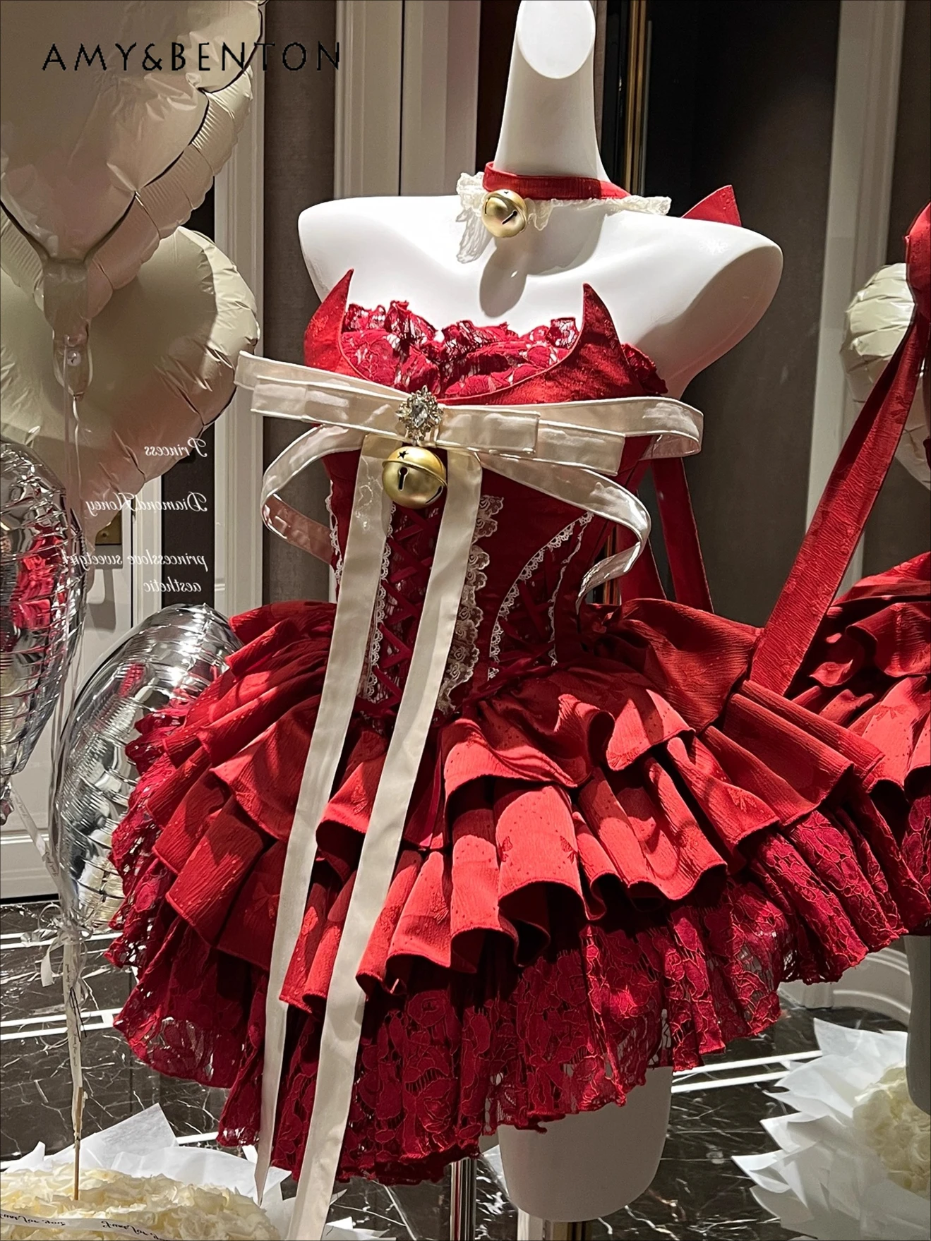 

Red Christmas Evening Dresses Hot Girl Ballet Style Elegant Luxury JSK Princess Dress Sweet Gorgeous New Year Women Clothing