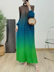 Miyake Pleated Prom Dress for Women Gradient Long Sleeves Maxi Pleated Print Dresses 2024 Spring New Female Fashion Clothing