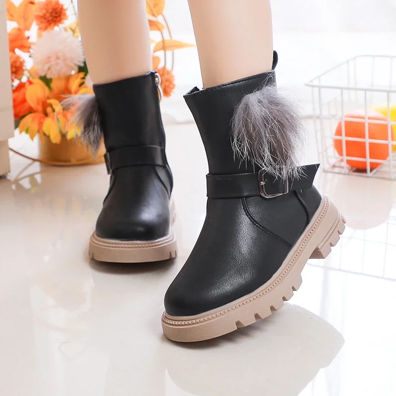 Girls Princess Boots with Fluffy Hairy Ball Cute Warm Autumn Winter Kids Rubber Boots Sweet Fashion Side Zipper Anti-skid Soft