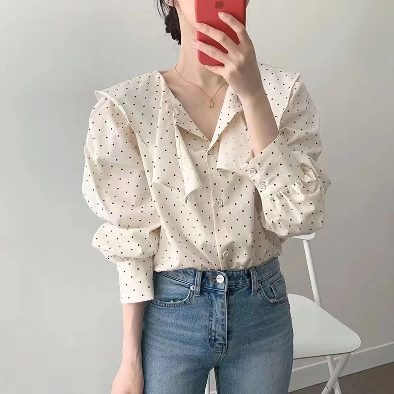 Spring New Loose Puff Long Sleeve Polka Dot Blouse Korean Style Chic Irregular Peter Pan Collar Shirt Casual Ruffled Tops Blusas