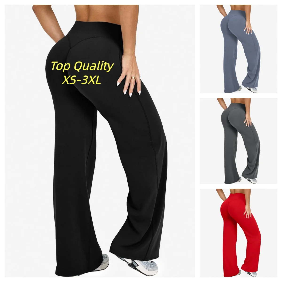 Damen Plus Size Yoga-Hose mit weitem Bein, hohe Taille, dehnbar, einfarbig, Leggings, Laufen, Pilates, Sport, modische Hose mit geradem Bein