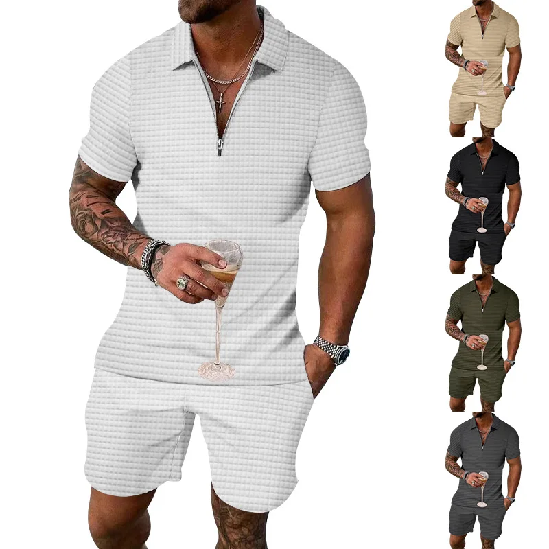 Summer Casual Checkered Jacquard European and American Men's Polo Zipper Polo Short Sleeve Set