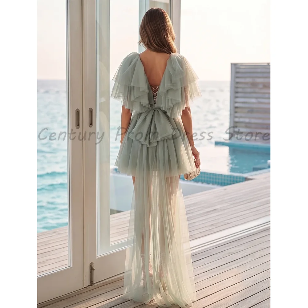 Women Sage Green Tulle Homecoming Dress Deep V Flutter Cape Sleeve Cutout Waist High‑Low Train Mini Gown