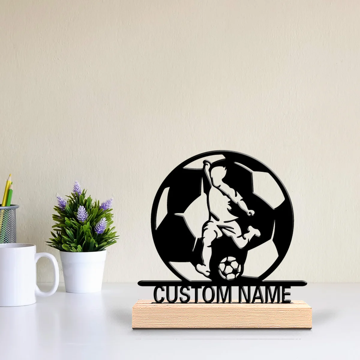 1pc Simple soccer football Customized Name Metal Statue Metal Ornament Handicraft With Wood Base Tin Statue For Children Gifts