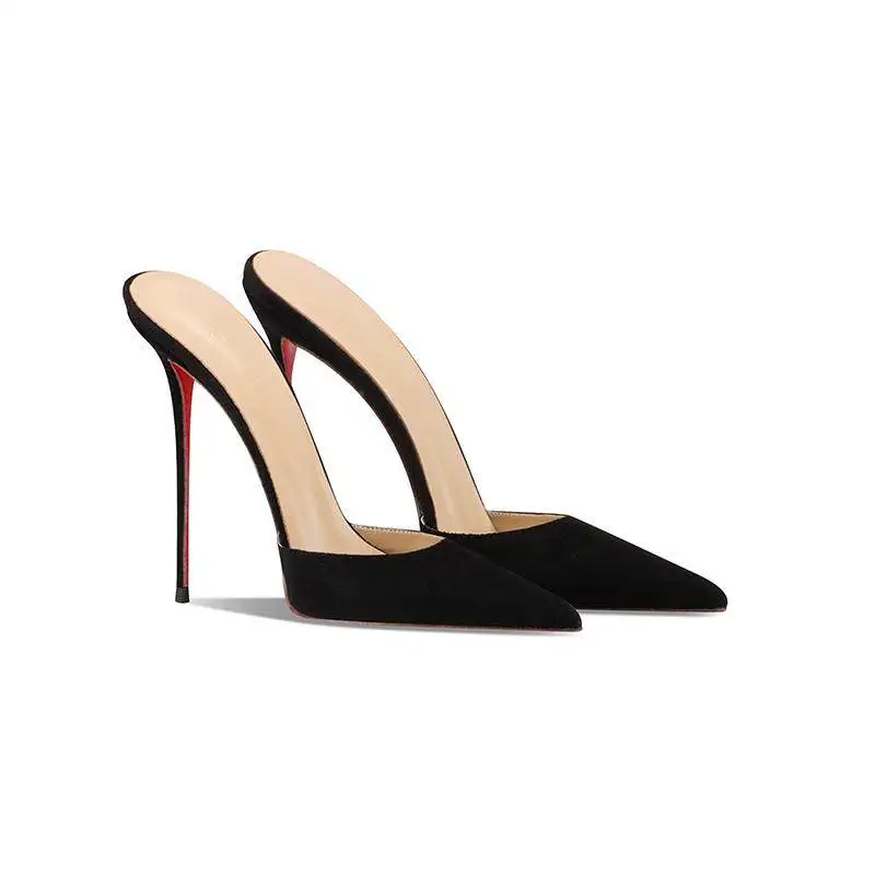 2025 New Black High Heel Slippers with Versatile Style, Pointed and Fine Heels for Outer Wearing, Baotou Leather Half Drag