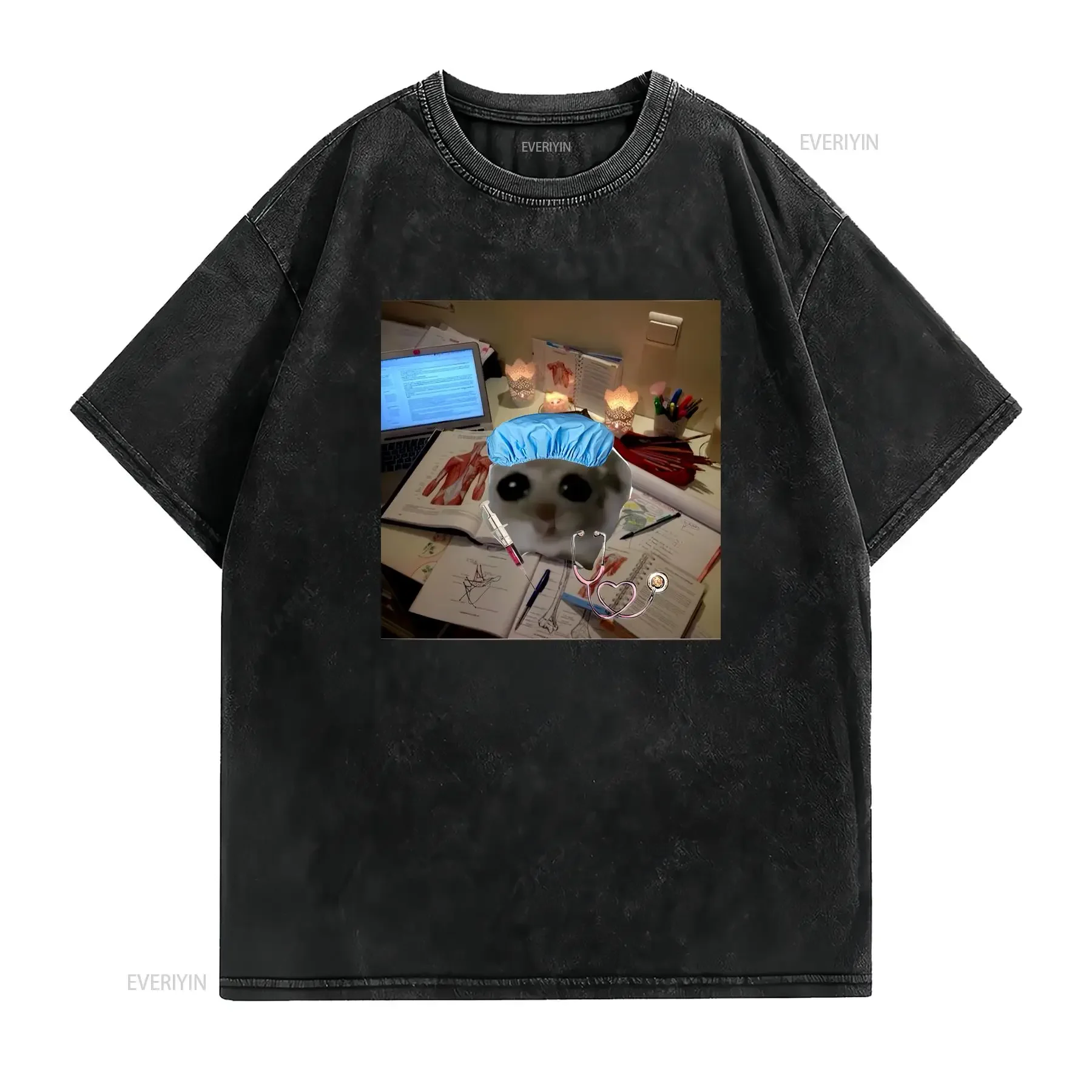 Sad Hamster Studying M or F Funny Cotton T Shirt Parody Fast Shipping vintage Washed fashion streetwear Unisex Soft homme