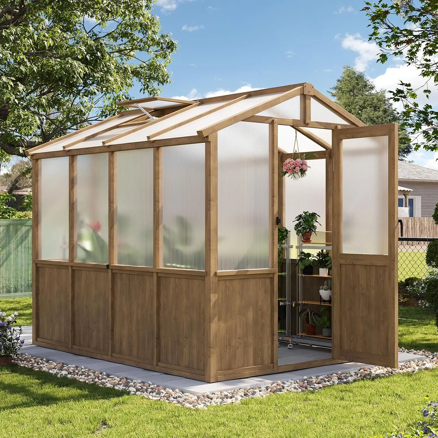6x8ft Wooden Walk-in Greenhouse Kit Adjustable Roof Vent Lockable Door for Backyard Garden Planting Outdoor