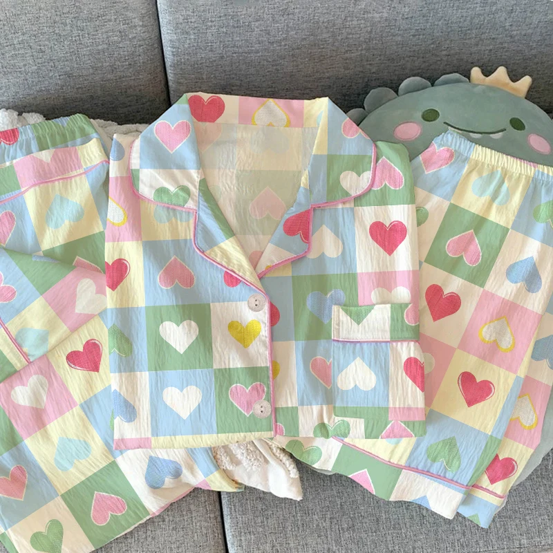 

Y2K Colourful Love Plaid Print Pajamas Set for Women Three Pieces Set Sweet Cute Women's Pajamas Short Summer New 2025 Home Wear
