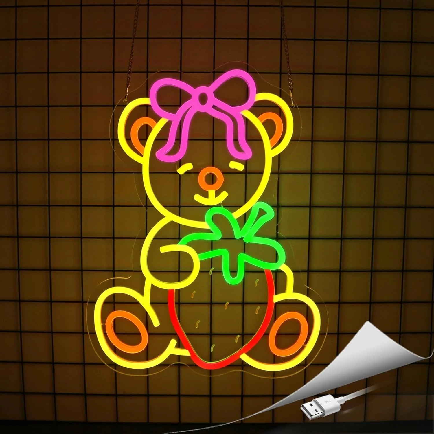 Strawberry Bear Neon Sign for Wall Decor, USB Powered LED Neon Lights for Bedroom, Bar, Cafe, Shop Advertising & Gift