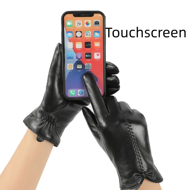 Genuine Sheepskin Leather Gloves Bow Light luxury Warm Touchscreen Driving Cycling Ladies Fashion Accessories High-Quality