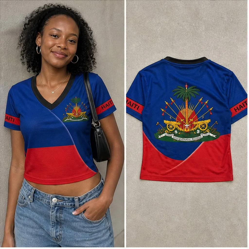 Womens Haiti V Neck Short Sleeve Crop Top Curved Flag Crest Graphic Casual Summer Shirt for Street Travel Vacation Everyday Look