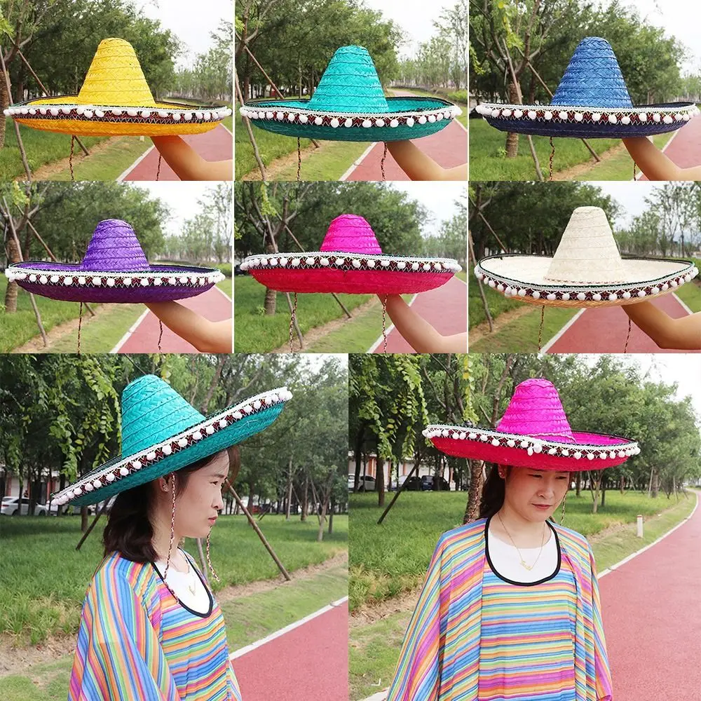 Mexican Style Straw Hats Wide Brim Colorful Men Women Summer Outdoor Sun Hat Large Size Cool Raffia Sombrero for Halloween Party