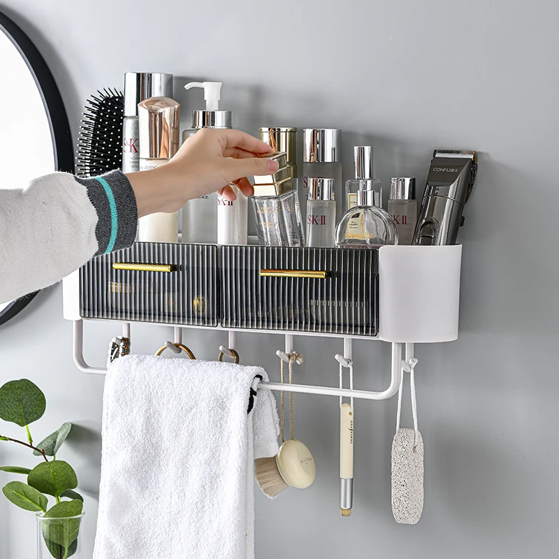 Punch-free Storage Rack With Towel Bar Bathroom Shelf With Hooks Two Drawer Organizer For Bathroom Household Bath Accessories