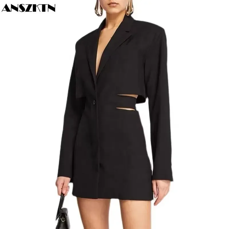 ANSZKTN Women Fashion Party Hollow Out One Button Casual Jacket Blazer Dress Women Ladies Blazers