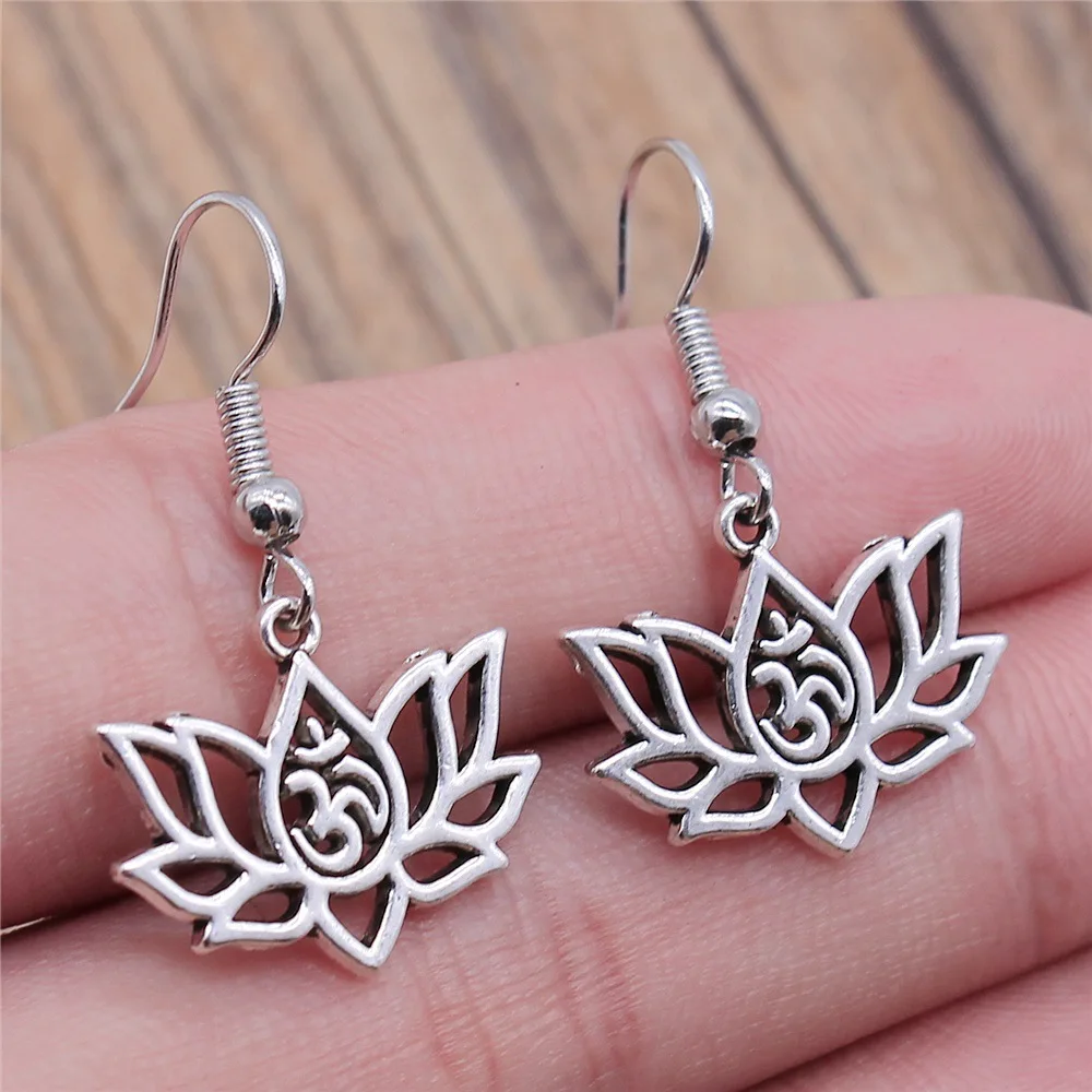 Fashion Handmade Simple Design Antique Silver Color Lotus Yoga Om Pendant Earrings Dropshipping Drop Earrings