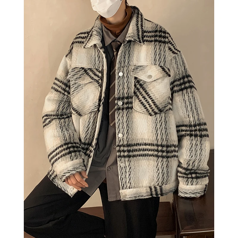 

Korean Trend Men's Loose Casual Single-breasted Overcoat Autumn Winter Fashion New Long Sleeve Woolen Plaid Coat 2023 G76