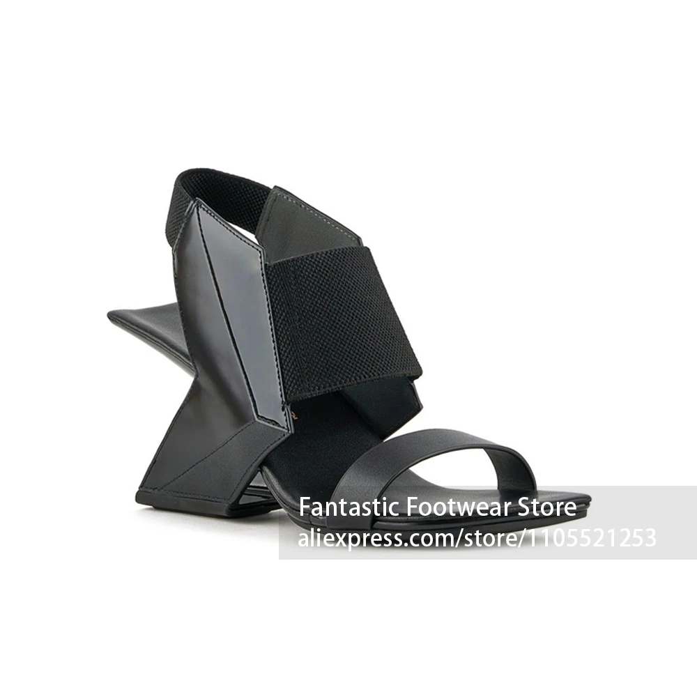 Multicolor Color Blocking Asymmetrical Heel Sandals Elastic Ankle Strap Open Toe High Heel Sandals Summer Festival Heel Sandals view 4