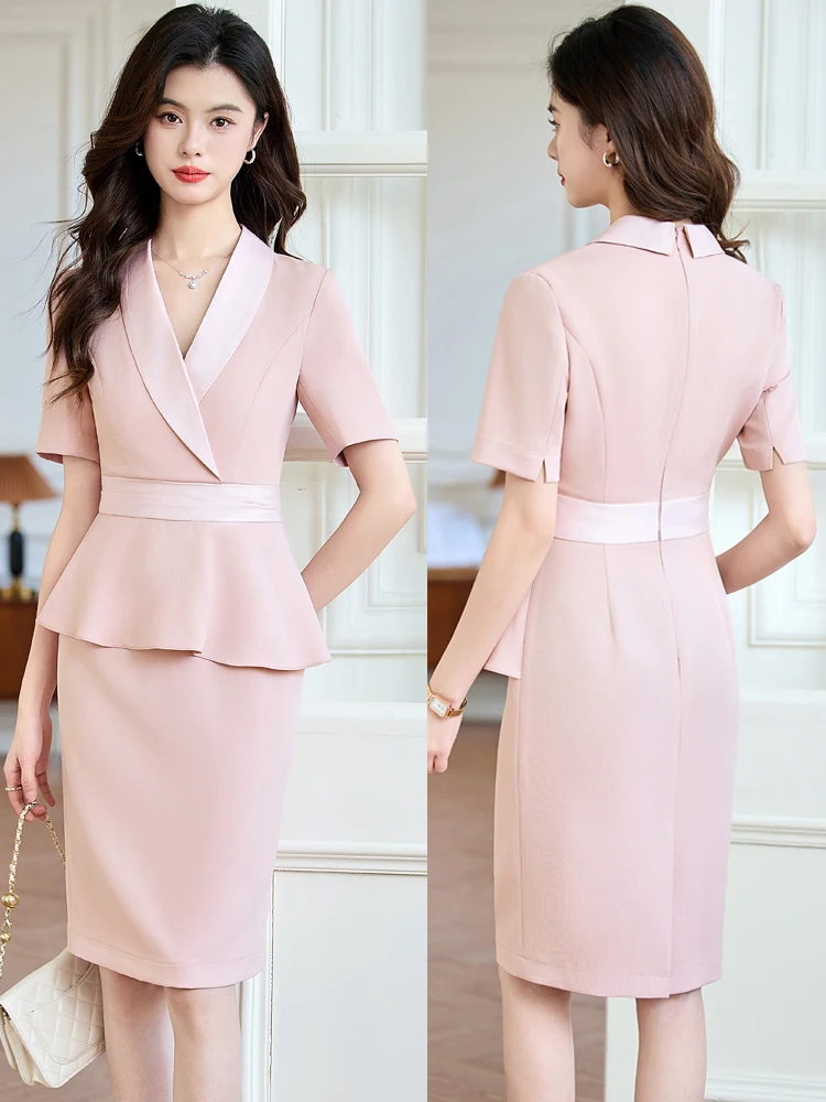 

Розовое профессиональное платье-костюм, летний новый стиль, элегантная модная униформа для консультантов салонов красоты, ведущих церемоний и приемных работников