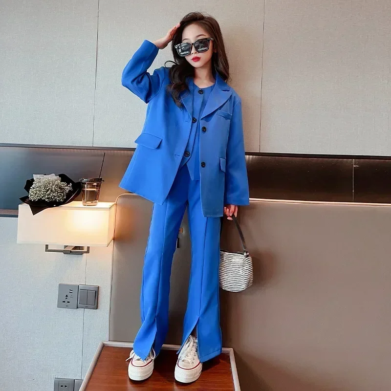 Girls Blazer Suit 2025 Spring Vest Jacket Trousers 3 Pcs School Teenage Children Clothing Set Casual Kids Outfits 13 14 15 Years