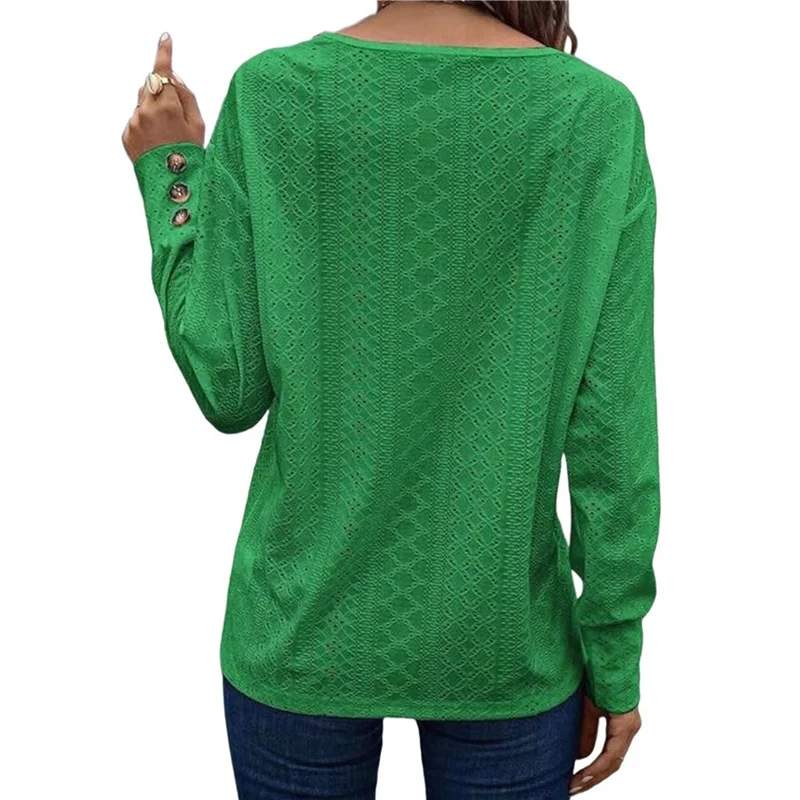 

NEW-Women's Tops Dressy Casual V Neck Long Sleeve Buttons Hollow Out Lace Embroidered Blouses Shirts