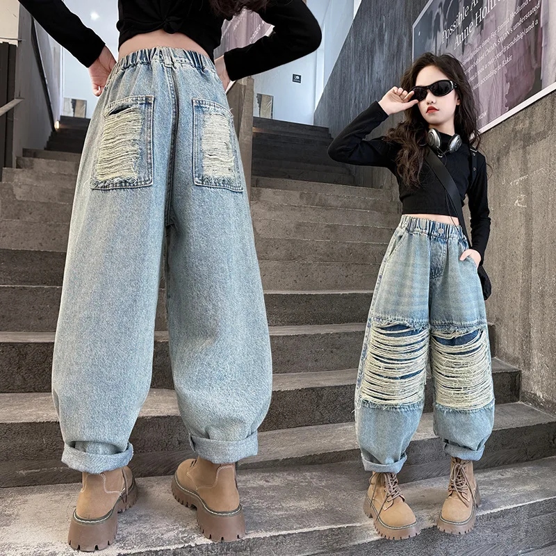 spring teen girls big ripped jeans junior kids Wide leg pants short cotton t-shirt denim casual trousers jean fille 4-14 clothes