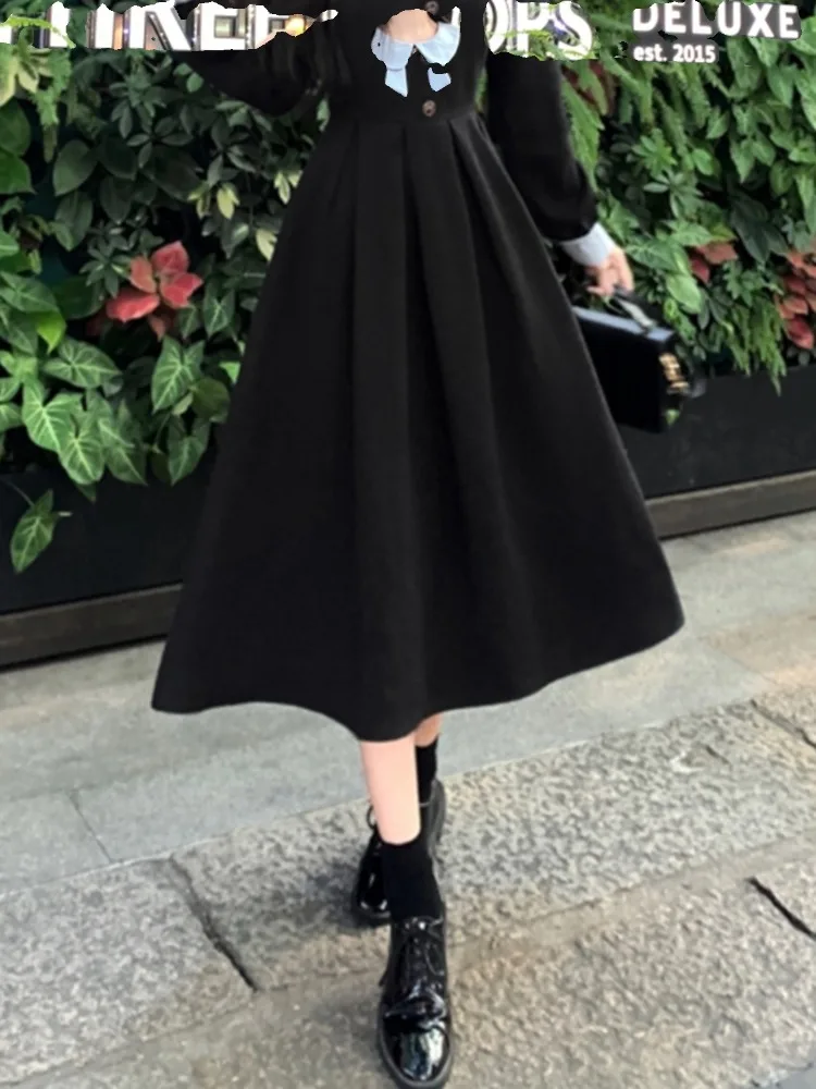 Hikigawa 2023 Preppy Causal Women Dress Peter Pan Collar All Match Dresses Long Sleeve Chic Fashion Elegant Vestido De Mujer