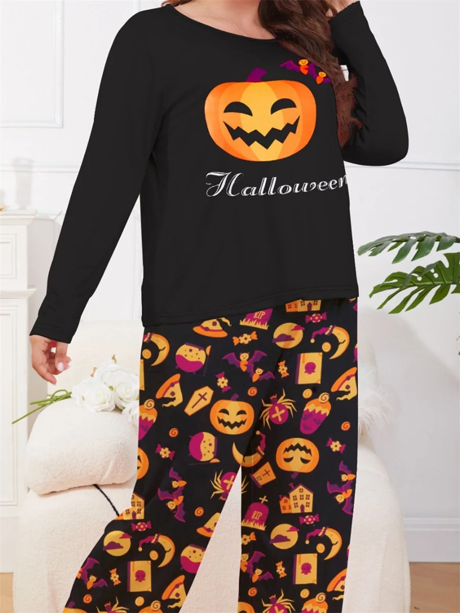 Women Halloween Plus Size Pajamas Lounge Set Pumpkin Bat Print Tops and Pants 2 Piece Loungewear Outfits