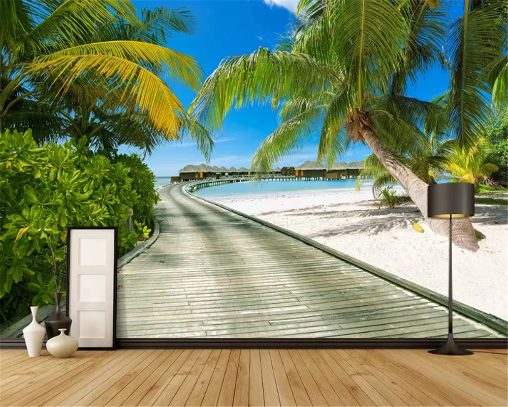 

Custom 3D wallpaper blue sea view promenade green road landscape sofa living room TV backdrop wall mural coconut tree bedroom 8d