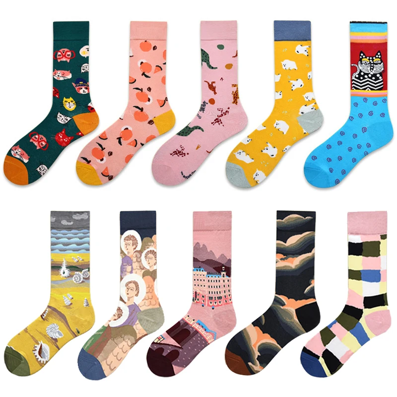 Hip- Hop Trend Women Socks Novel Geometric Florets Personality Design Cotton Sock High Quality Socks  oil painting socks