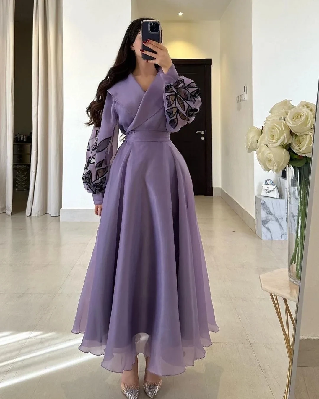 Purple Organza Saudi Arabia Dresses Wear for Prom Party V Neck Long Sleeves Style Evening Dress Ankle Length Homecoming Gowns