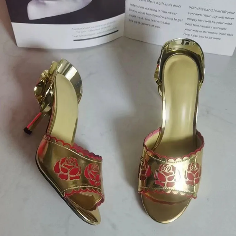 Gold Rose Flower Sandals Woman Open Toe Strange High Heel Pumps Lady Sexy Party Shoes
