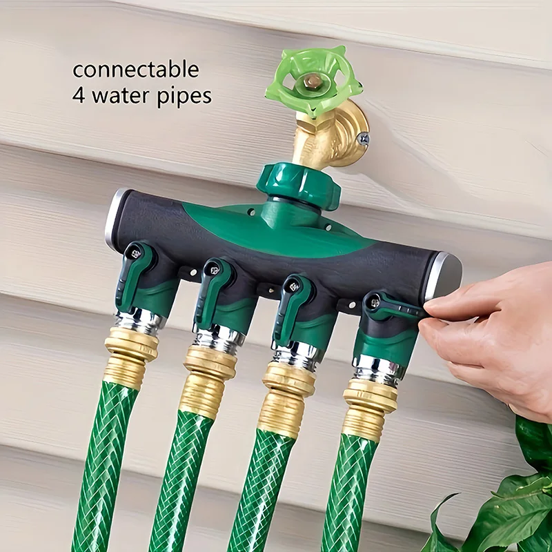 1Pcs Zinc Alloy 4-Way Water Pipe Joint Garden Hose 3/4''  Water Faucet Splitter with Shut Off Valves Leakproof Hose Connectors