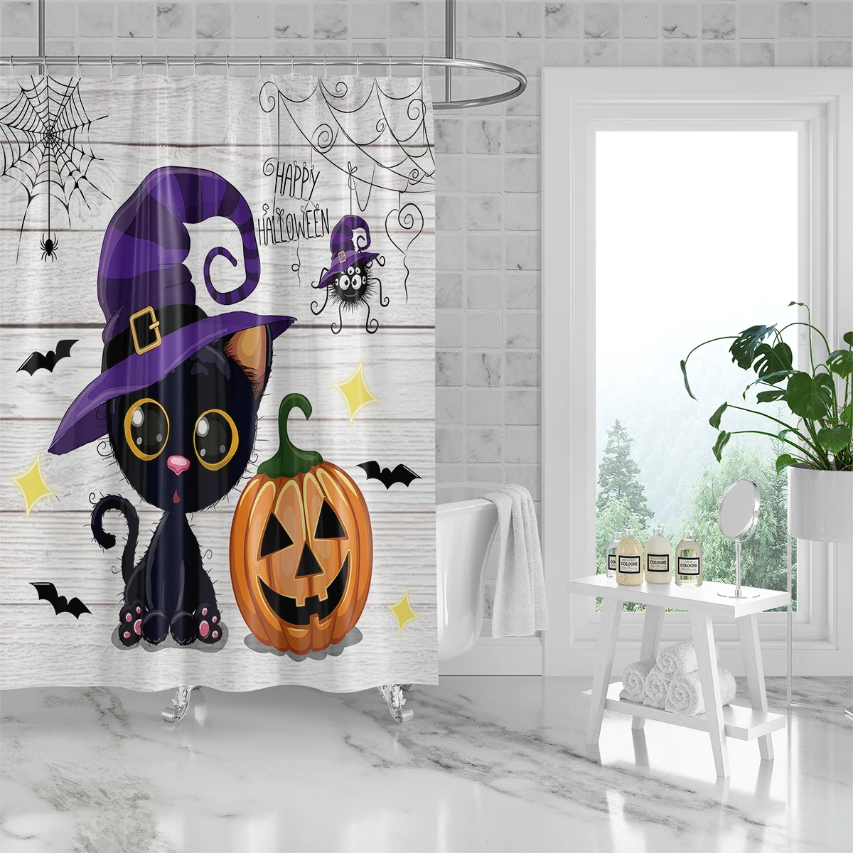 1PC Halloween Element Pattern Waterproof Shower Curtain with 12 Hooks 71x71 In Bathroom Decor for Hotel and Home