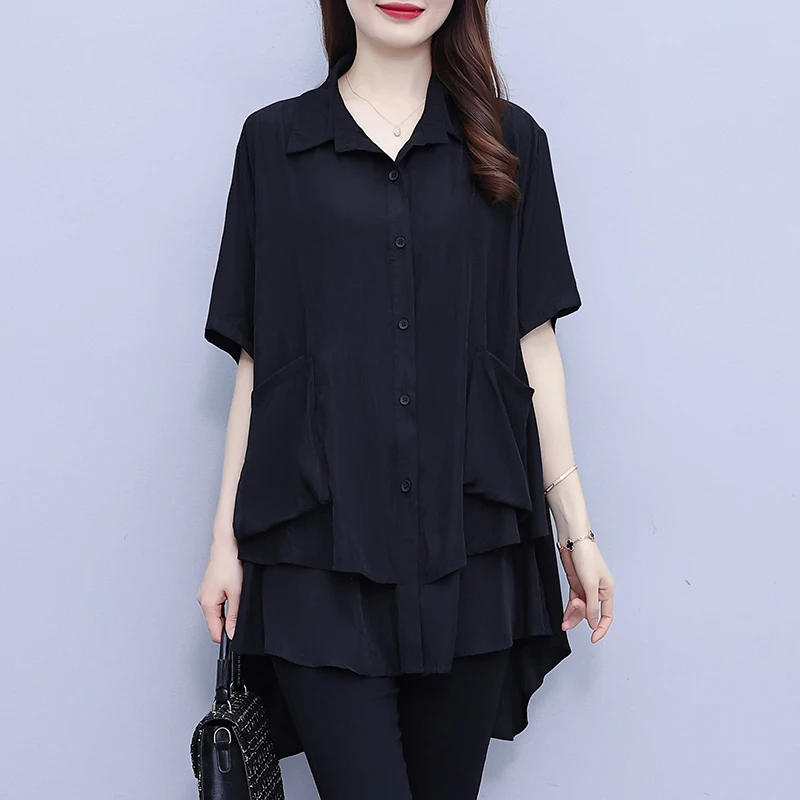 #2827 Black False Two Piece Shirts Women Loose Split Joint Irregular Blouse Short Sleeve Double Pockets Womens Tops And Blouses