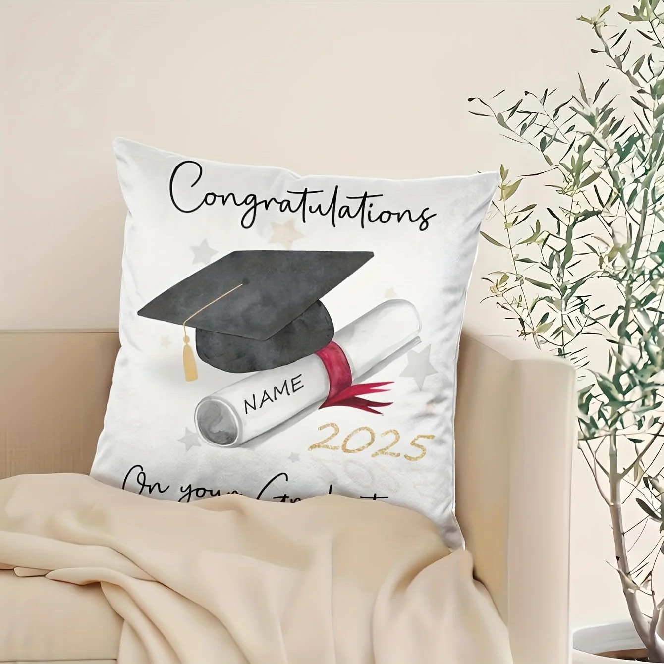 Customized polyester fiber pillowcase, personalized zipper photo cushion cover for graduation gift, machine washable modern