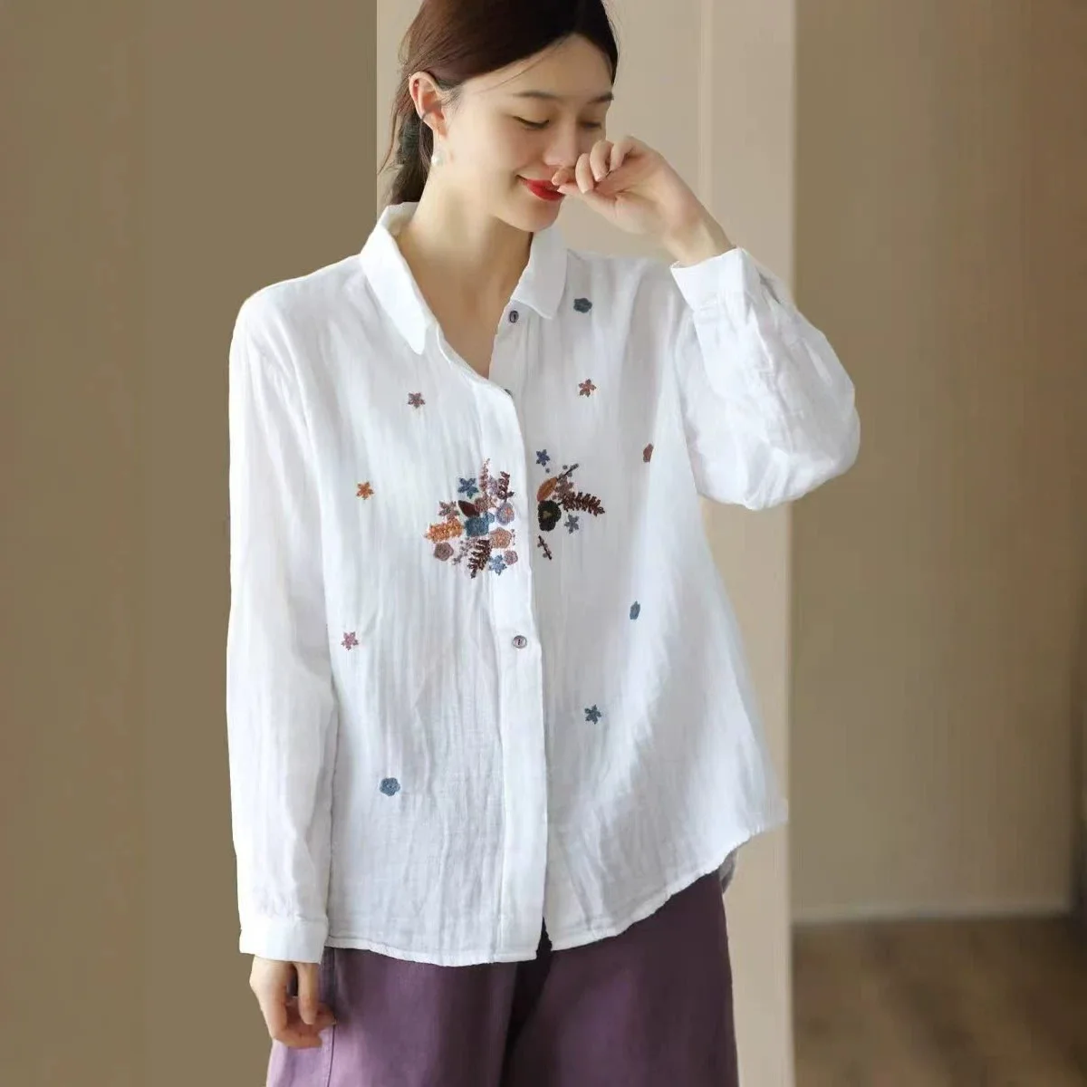 Soft 100% Cotton Flower Embroidered Tunic Tops Women Autumn Fashion Blouse Open Front Cardigan Loose Fit Casual Work Shirt