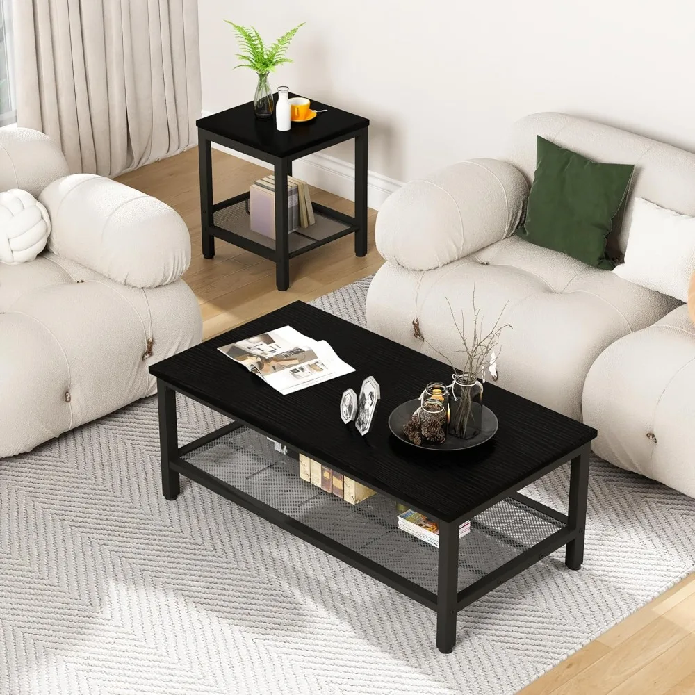 3 Pieces Living Room Table Set, Industrial Coffee Table with 2 Square End Side Tables, Coffee Table Set with Metal Frame