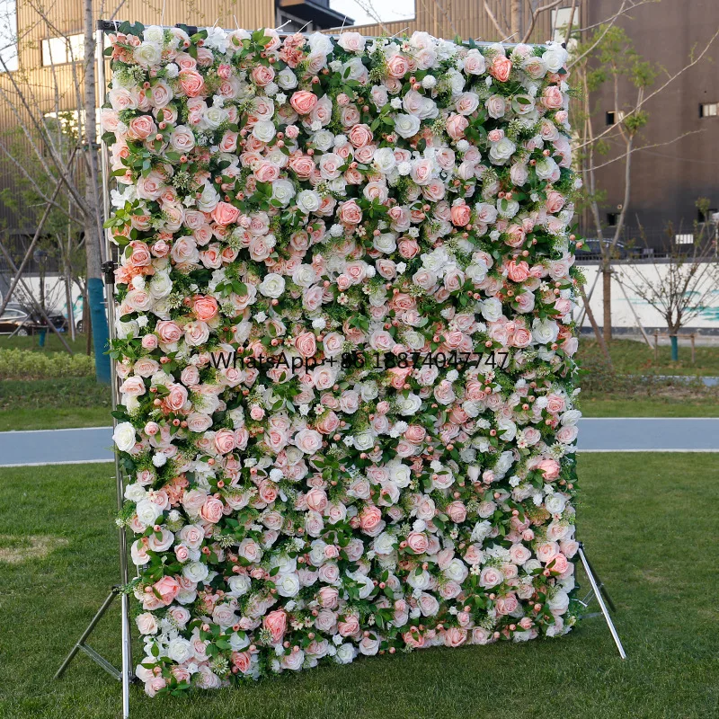 New design Halloween photo wall Decor Roll Up Floral Wall Artificial pink rose feather wall backdrop for wedding