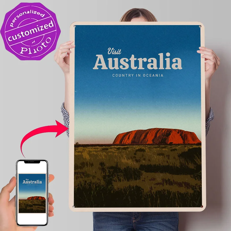 Visit Australia Personalized 3D Textured Metal Poster Wall Art Tinplate Sign for Home Decoration Gaming Living Room Decorations