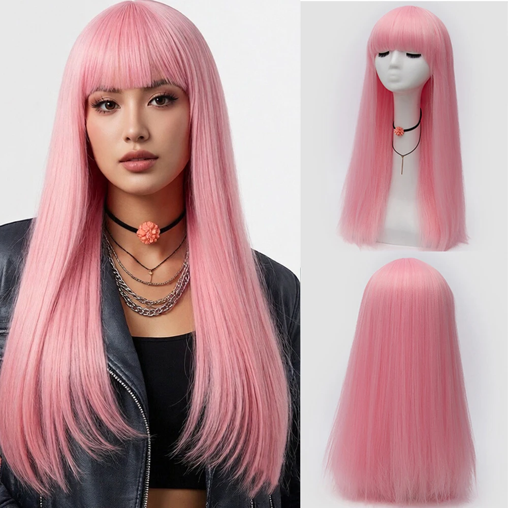 

Synthetic Long Straight Pink Wig With Bangs for Women Daily Cosplay Lolita Halloween Party Fake Hair Heat Resistant